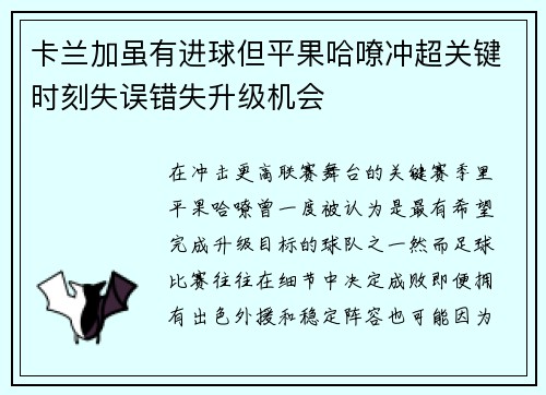 卡兰加虽有进球但平果哈嘹冲超关键时刻失误错失升级机会